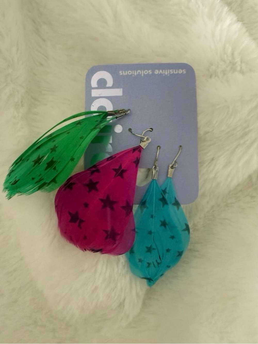 Justice Star-Print Feather Teardrop Earrings - Pink, Teal, Green